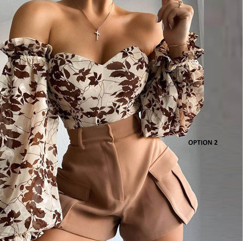 Printed Lantern Sleeve Chiffon Clothing Breast Wrap Sexy Crop Top CODE: KAR1065