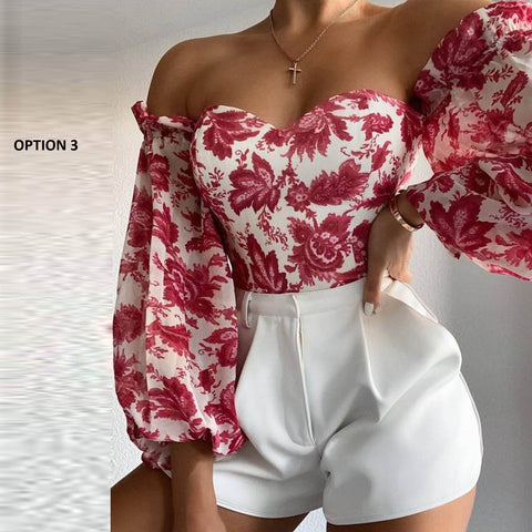 Printed Lantern Sleeve Chiffon Clothing Breast Wrap Sexy Crop Top CODE: KAR1065