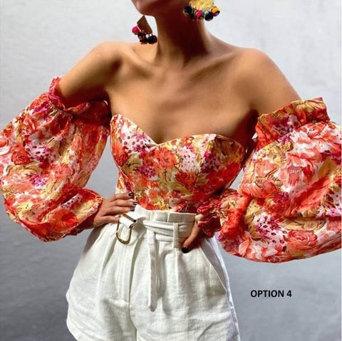 Printed Lantern Sleeve Chiffon Clothing Breast Wrap Sexy Crop Top CODE: KAR1065