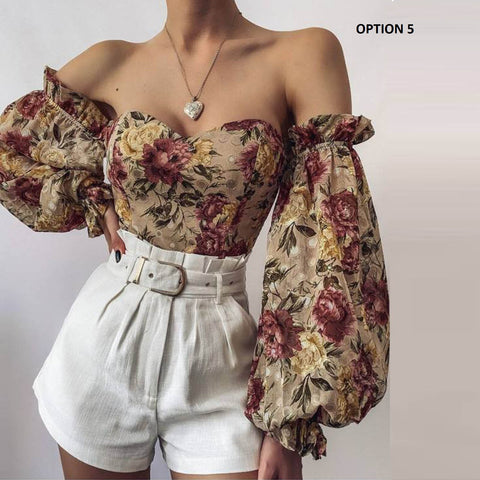 Printed Lantern Sleeve Chiffon Clothing Breast Wrap Sexy Crop Top CODE: KAR1065
