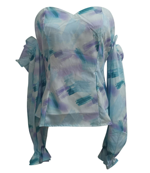 Printed Lantern Sleeve Chiffon Clothing Breast Wrap Sexy Crop Top CODE: KAR1065