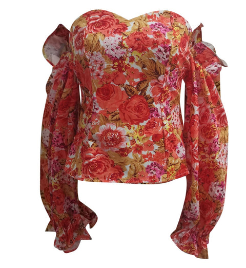 Printed Lantern Sleeve Chiffon Clothing Breast Wrap Sexy Crop Top CODE: KAR1065