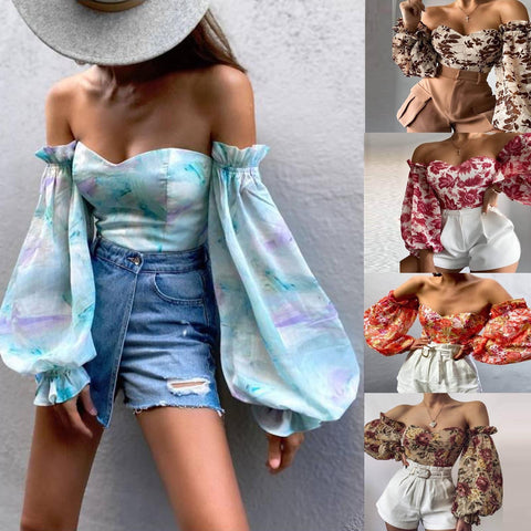Printed Lantern Sleeve Chiffon Clothing Breast Wrap Sexy Crop Top CODE: KAR1065