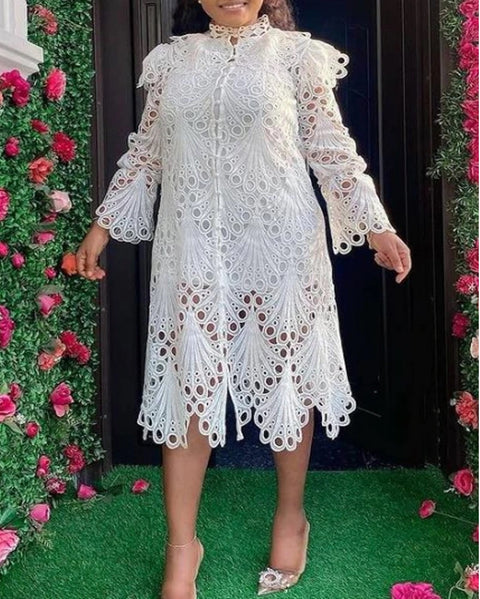 White Cut Out Cover Flying Sleeves Wavy Hollow Out Elegant Sexy Cute Spring Ruffle Dress CODE: KAR1069