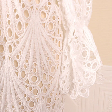 White Cut Out Cover Flying Sleeves Wavy Hollow Out Elegant Sexy Cute Spring Ruffle Dress CODE: KAR1069