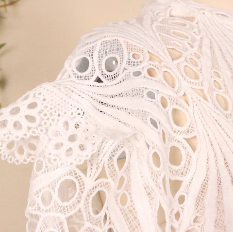 White Cut Out Cover Flying Sleeves Wavy Hollow Out Elegant Sexy Cute Spring Ruffle Dress CODE: KAR1069