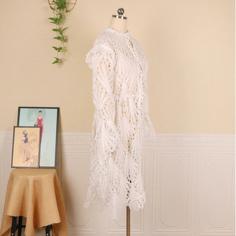 White Cut Out Cover Flying Sleeves Wavy Hollow Out Elegant Sexy Cute Spring Ruffle Dress CODE: KAR1069