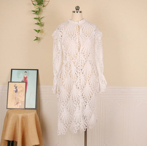 White Cut Out Cover Flying Sleeves Wavy Hollow Out Elegant Sexy Cute Spring Ruffle Dress CODE: KAR1069