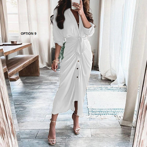 Elegant Print Shirt Dress Button Short Sleeve Tunic Midi V Neck Slit Draped Party Dresses CODE: KAR1071
