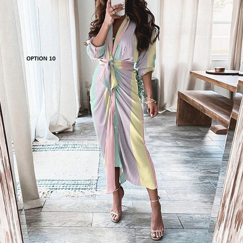 Elegant Print Shirt Dress Button Short Sleeve Tunic Midi V Neck Slit Draped Party Dresses CODE: KAR1071