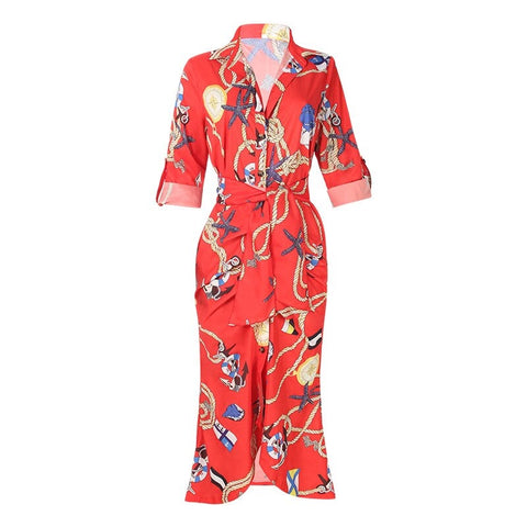 Elegant Print Shirt Dress Button Short Sleeve Tunic Midi V Neck Slit Draped Party Dresses CODE: KAR1071