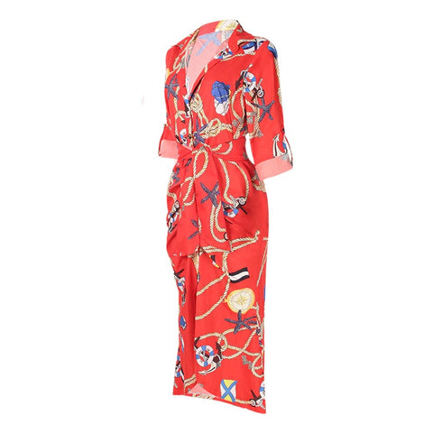 Elegant Print Shirt Dress Button Short Sleeve Tunic Midi V Neck Slit Draped Party Dresses CODE: KAR1071
