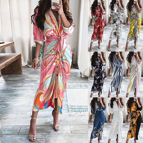 Elegant Print Shirt Dress Button Short Sleeve Tunic Midi V Neck Slit Draped Party Dresses CODE: KAR1071