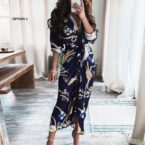 Elegant Print Shirt Dress Button Short Sleeve Tunic Midi V Neck Slit Draped Party Dresses CODE: KAR1071