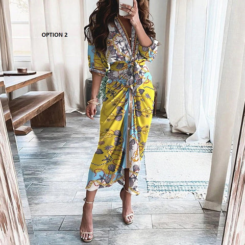 Elegant Print Shirt Dress Button Short Sleeve Tunic Midi V Neck Slit Draped Party Dresses CODE: KAR1071
