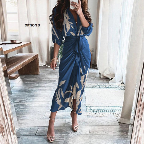 Elegant Print Shirt Dress Button Short Sleeve Tunic Midi V Neck Slit Draped Party Dresses CODE: KAR1071