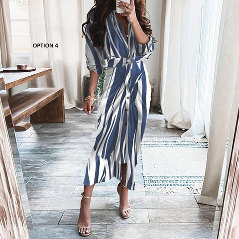 Elegant Print Shirt Dress Button Short Sleeve Tunic Midi V Neck Slit Draped Party Dresses CODE: KAR1071