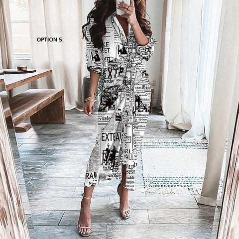 Elegant Print Shirt Dress Button Short Sleeve Tunic Midi V Neck Slit Draped Party Dresses CODE: KAR1071