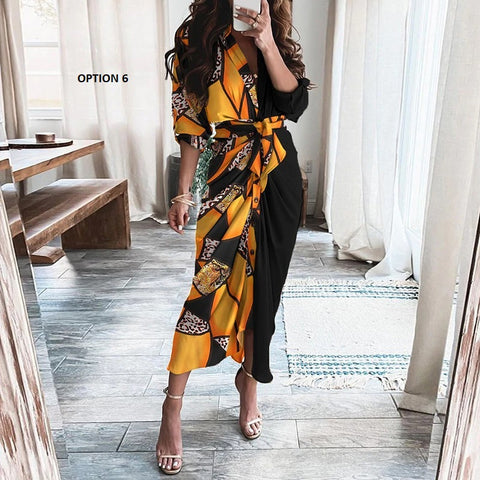 Elegant Print Shirt Dress Button Short Sleeve Tunic Midi V Neck Slit Draped Party Dresses CODE: KAR1071