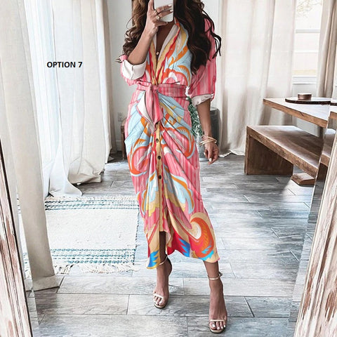 Elegant Print Shirt Dress Button Short Sleeve Tunic Midi V Neck Slit Draped Party Dresses CODE: KAR1071