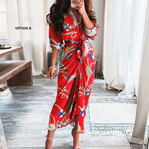 Elegant Print Shirt Dress Button Short Sleeve Tunic Midi V Neck Slit Draped Party Dresses CODE: KAR1071