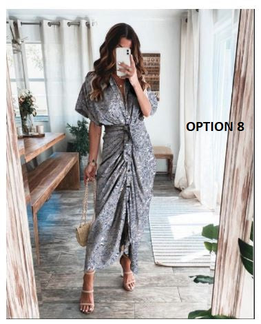 Elegant Print Shirt Dress Button Short Sleeve Tunic Midi V Neck Slit Draped Party Dresses CODE: KAR1072