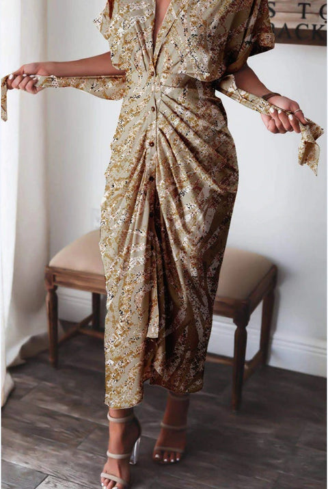 Elegant Print Shirt Dress Button Short Sleeve Tunic Midi V Neck Slit Draped Party Dresses CODE: KAR1072
