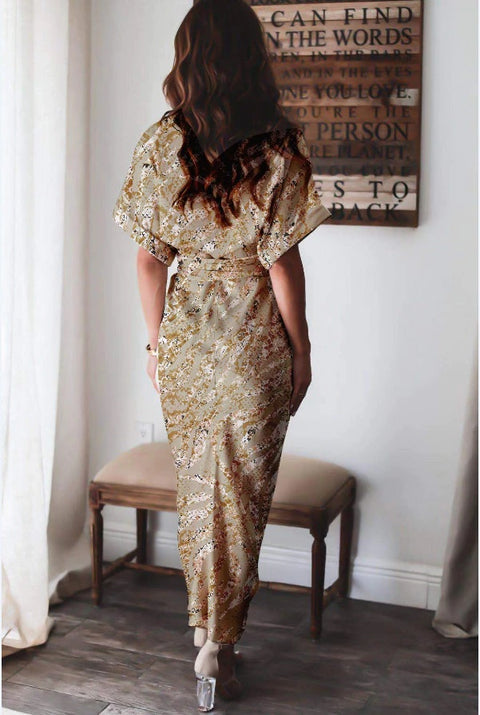 Elegant Print Shirt Dress Button Short Sleeve Tunic Midi V Neck Slit Draped Party Dresses CODE: KAR1072