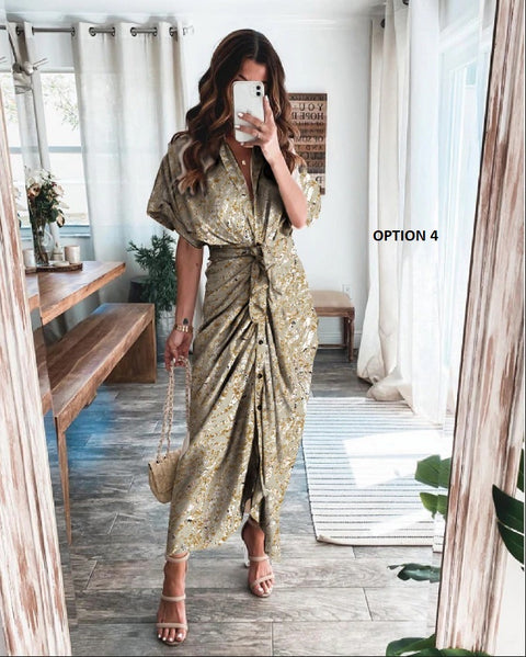 Elegant Print Shirt Dress Button Short Sleeve Tunic Midi V Neck Slit Draped Party Dresses CODE: KAR1072