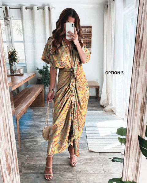Elegant Print Shirt Dress Button Short Sleeve Tunic Midi V Neck Slit Draped Party Dresses CODE: KAR1072