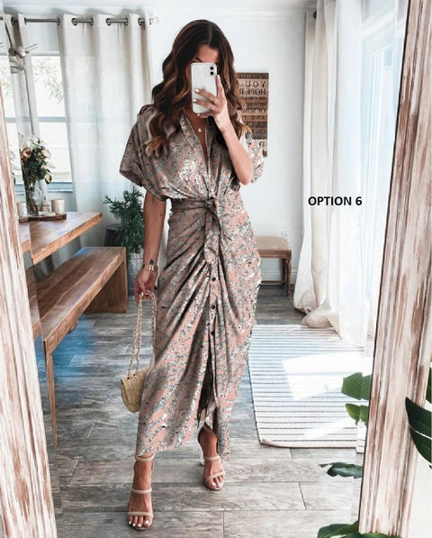 Elegant Print Shirt Dress Button Short Sleeve Tunic Midi V Neck Slit Draped Party Dresses CODE: KAR1072