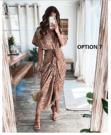 Elegant Print Shirt Dress Button Short Sleeve Tunic Midi V Neck Slit Draped Party Dresses CODE: KAR1072