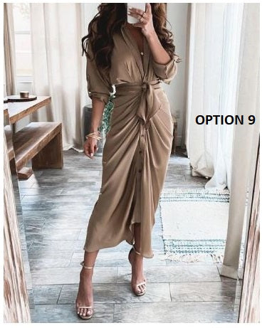 Elegant Print Shirt Dress Button Short Sleeve Tunic Midi V Neck Slit Draped Party Dresses CODE: KAR1072