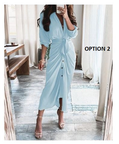 Elegant Print Shirt Dress Button Short Sleeve Tunic Midi V Neck Slit Draped Party Dresses CODE: KAR1072