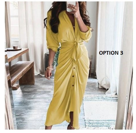 Elegant Print Shirt Dress Button Short Sleeve Tunic Midi V Neck Slit Draped Party Dresses CODE: KAR1072