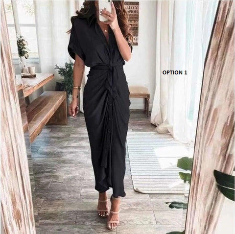 Elegant Print Shirt Dress Button Short Sleeve Tunic Midi V Neck Slit Draped Party Dresses CODE: KAR1072
