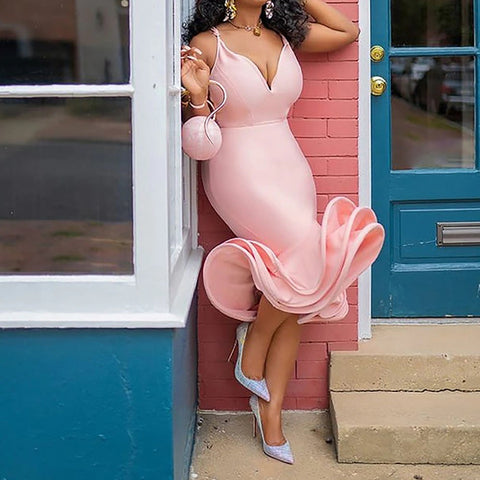 Deep V-neck Plus Size Pink Sexy Tight Night Club Party Midi Dress CODE: KAR1076