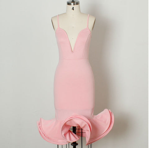 Deep V-neck Plus Size Pink Sexy Tight Night Club Party Midi Dress CODE: KAR1076