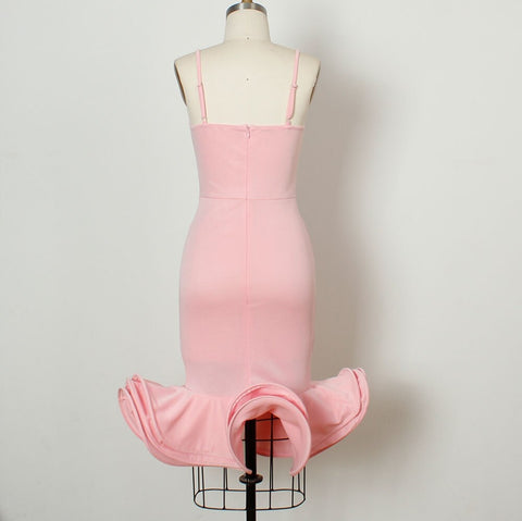 Deep V-neck Plus Size Pink Sexy Tight Night Club Party Midi Dress CODE: KAR1076