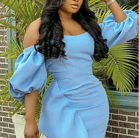 Off Shoulder Ruffle Slim Lanterm Sleeves Party Celebrate Fashion Dress CODE: KAR1080