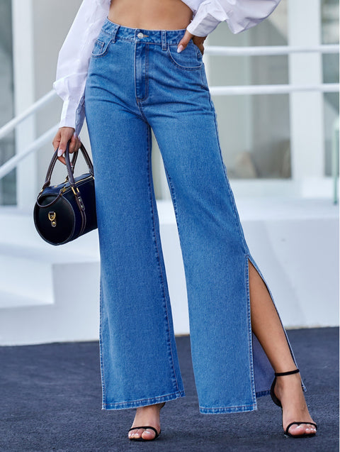 Button Fly pocket chain  trousers high-waisted wide-leg jeans Full Length CODE: KAR1085