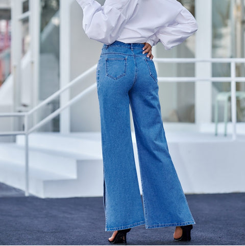 Button Fly pocket chain  trousers high-waisted wide-leg jeans Full Length CODE: KAR1085