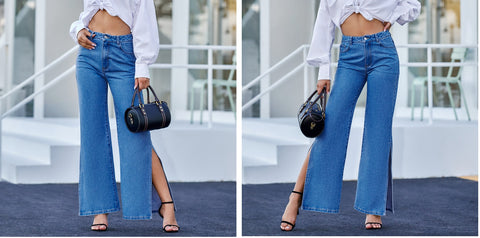 Button Fly pocket chain  trousers high-waisted wide-leg jeans Full Length CODE: KAR1085