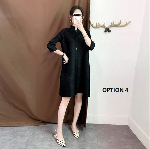 Stand Collar Three Quarter Sleeve Pleated New Single Breasted Loose Solid Color Coat CODE: KAR1086