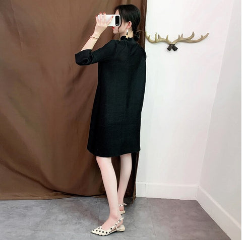 Stand Collar Three Quarter Sleeve Pleated New Single Breasted Loose Solid Color Coat CODE: KAR1086