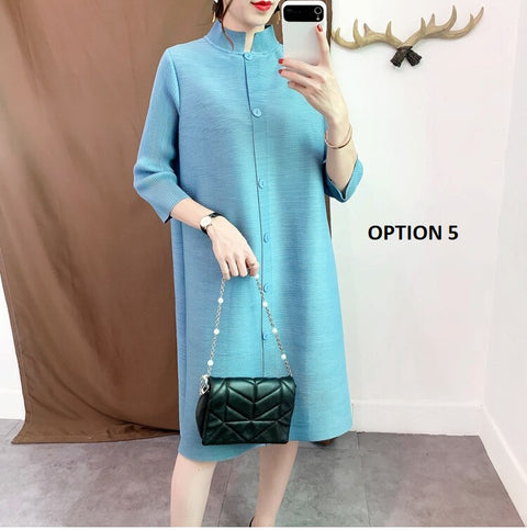 Stand Collar Three Quarter Sleeve Pleated New Single Breasted Loose Solid Color Coat CODE: KAR1086