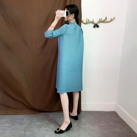 Stand Collar Three Quarter Sleeve Pleated New Single Breasted Loose Solid Color Coat CODE: KAR1086