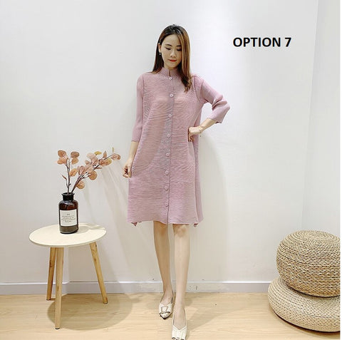 Stand Collar Three Quarter Sleeve Pleated New Single Breasted Loose Solid Color Coat CODE: KAR1086