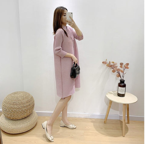 Stand Collar Three Quarter Sleeve Pleated New Single Breasted Loose Solid Color Coat CODE: KAR1086