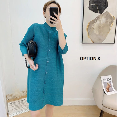 Stand Collar Three Quarter Sleeve Pleated New Single Breasted Loose Solid Color Coat CODE: KAR1086